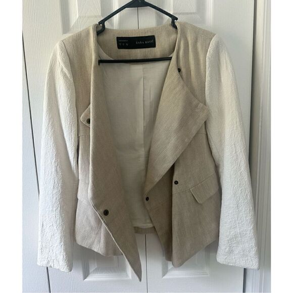 ZARA White & Beige Linen Motorcycle Jacket - Picture 3 of 8